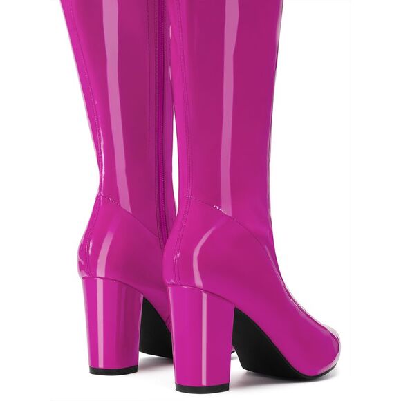 GoGo Boot Patent Leather Chunky Heels Hot Pink Knee High Boots - Picture 5 of 6
